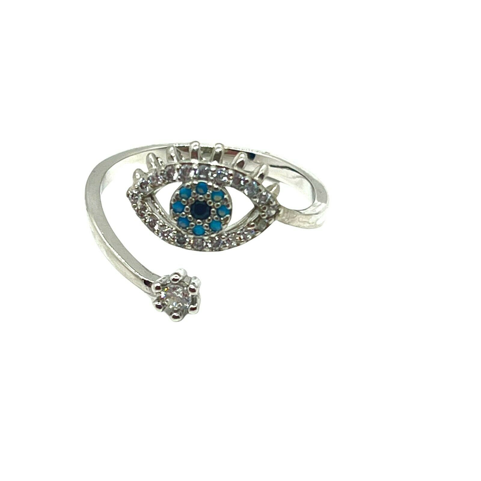 Evil Eye Adjustable Wrap Ring Womens Black Blue Sterling Silver Crystal Lucky 7
